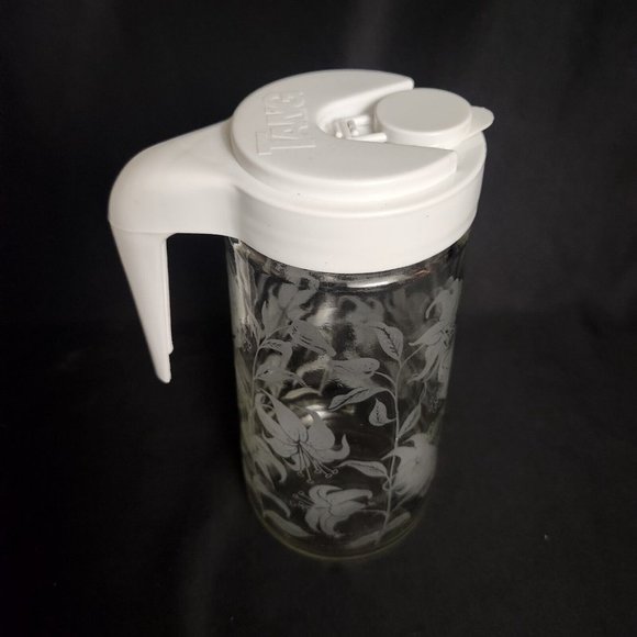 Vintage 1970s Anchor Hocking TANG Glass Pitcher with Lid 1 Quart Etched Lilies - Picture 5 of 7